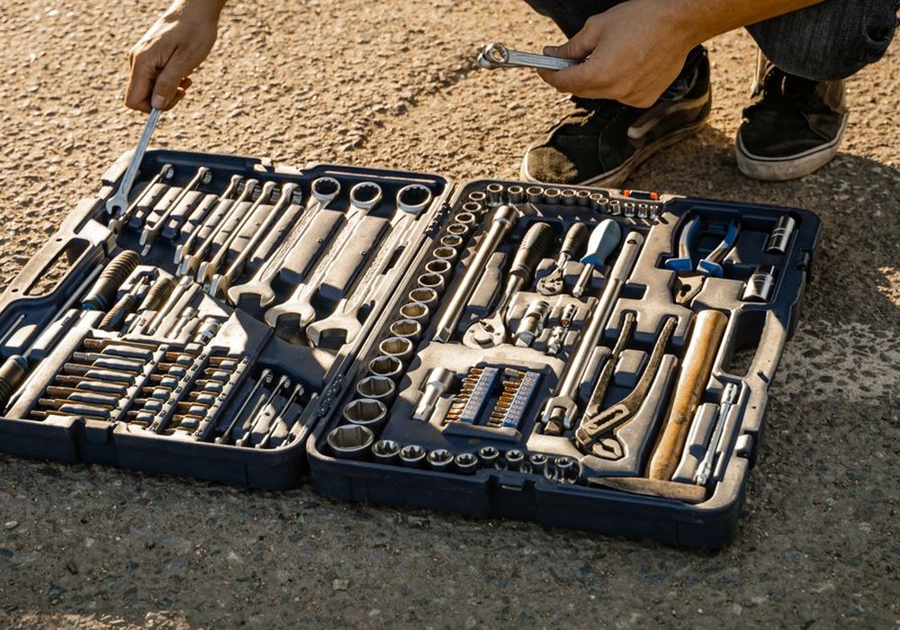 Mechanic's tool kit laid out in warm desert light